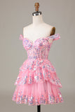 Bonito Brilhante Hot Pink Uma Linha Tiered Corset Lace Short Homecoming Dress