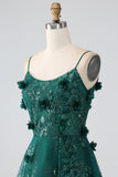 Glitter Verde Escuro Esparguete Correias Renda Flor Longo Espartilho Vestido de Baile