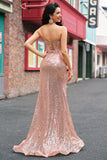 Sereia Ouro Rosa Frisado Ruched Sequin Corset Vestido de Baile com Fenda Lateral