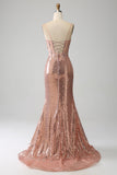 Sereia Ouro Rosa Frisado Ruched Sequin Corset Vestido de Baile com Fenda Lateral