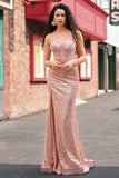 Sereia Ouro Rosa Frisado Ruched Sequin Corset Vestido de Baile com Fenda Lateral