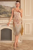 Sparkly Apricot Gatsby 1920s vestido com lantejoulas e franjas