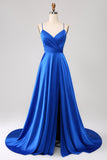 Royal Blue A Line Spaghetti Correias Cetim Prom Dress com Fenda