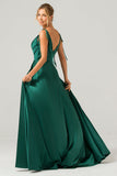 Verde escuro A-Line Espaghetti Straps Ruched Long Vestido de dama de honra com fenda