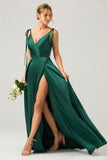 Verde escuro A-Line Espaghetti Straps Ruched Long Vestido de dama de honra com fenda