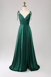 Simples Verde Escuro Alças Esparguete Ruched Prom Dress com Fenda