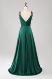 Simples Verde Escuro Alças Esparguete Ruched Prom Dress com Fenda