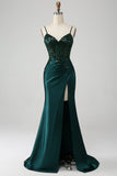 Brilhante verde escuro sereia lantejoulas plissado espartilho vestido de baile com fenda