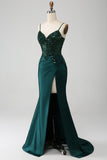 Brilhante verde escuro sereia lantejoulas plissado espartilho vestido de baile com fenda