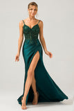 Brilhante verde escuro sereia lantejoulas plissado espartilho longo vestido de baile com fenda