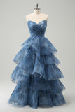 Cinzento Azul A-Line Bordado Strapless Tiered Long Prom Dress