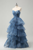 Cinzento Azul A-Line Bordado Strapless Tiered Long Prom Dress