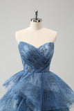 Cinzento Azul A-Line Bordado Strapless Tiered Long Prom Dress