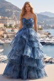 Vestido de Baile Longo em Tons de Cinza e Azul Sem Alças com Camadas e Folhos