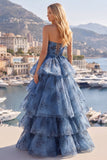 Vestido de Baile Longo em Tons de Cinza e Azul Sem Alças com Camadas e Folhos