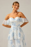 Branco azul floral Boho Chiffon babado longo vestido de dama de honra