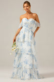 Branco azul floral Boho Chiffon babado longo vestido de dama de honra