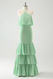 Verde Tiered Chiffon Sereia Halter Tiered Vestido de Noiva Convidado
