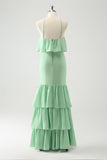 Verde Tiered Chiffon Sereia Halter Tiered Vestido de Noiva Convidado