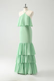 Verde Tiered Chiffon Sereia Halter Tiered Vestido de Noiva Convidado