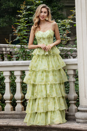 Flor Verde Uma Linha Esparguete Alças Tiered Long Prom Dress Com Folhos