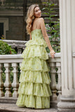 Flor Verde Uma Linha Esparguete Alças Tiered Long Prom Dress Com Folhos