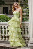 Flor Verde Uma Linha Esparguete Alças Tiered Long Prom Dress Com Folhos