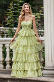 Flor Verde Uma Linha Esparguete Alças Tiered Long Prom Dress Com Folhos