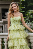 Flor Verde Uma Linha Esparguete Alças Tiered Long Prom Dress Com Folhos