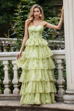 Flor Verde Uma Linha Esparguete Alças Tiered Long Prom Dress Com Folhos