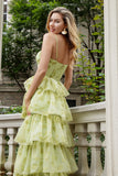 Flor Verde Uma Linha Esparguete Alças Tiered Long Prom Dress Com Folhos