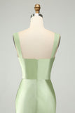 Verde Cetim Sereia Longo Vestido de Dama de Honra com Laço de Pestanas
