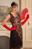 Sparkly Burgundy Fringed Sequins 1920s Vestido com Acessórios set
