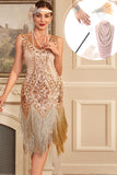 Damasco Sequins Fringe 1920s Flapper Dress com 20s Acessórios set