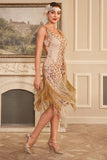 Damasco Sequins Fringe 1920s Flapper Dress com 20s Acessórios set