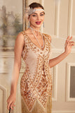 Damasco Sequins Fringe 1920s Flapper Dress com 20s Acessórios set