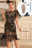 Preto Dourado Sequins Fringe 1920s Flapper Dress com 20s Acessórios set