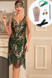 Verde Dourado Sequins Fringe 1920s Gatsby Vestido com Acessórios set