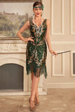 Verde Dourado Sequins Fringe 1920s Gatsby Vestido com Acessórios set