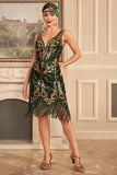 Verde Dourado Sequins Fringe 1920s Gatsby Vestido com Acessórios set