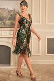 Verde Dourado Sequins Fringe 1920s Gatsby Vestido com Acessórios set