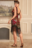 Sparkly Burgundy Sequins Fringe 1920s Flapper Vestido com Acessórios set