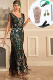 Verde Golden Sequins Fringe Long 1920s Flapper Vestido com Acessórios set