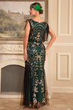 Verde Golden Sequins Fringe Long 1920s Flapper Vestido com Acessórios set