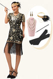 Preto dourado lantejoulas franja 1920s vestido com 5 peças acessórios conjunto