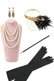 Preto Golden Halter Keyhole Fringed Gatsby 1920s Vestido com 5 Peças Conjunto de Acessórios