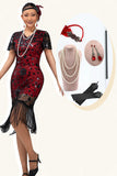 Preto vermelho bodycon franja lantejoulas vestido 1920s com 5 peças conjunto de acessórios