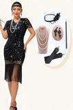 Bodycon preto lantejoulas vestido franjado 1920s com conjunto de acessórios de 5 peças