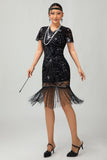 Bodycon preto lantejoulas vestido franjado 1920s com conjunto de acessórios de 5 peças