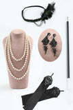 Preto Prata Franjas Sequins 1920s Vestido com 20s Acessórios set
